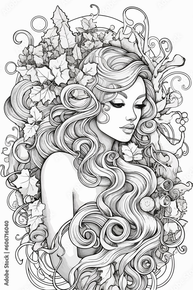 Princess illustration coloring book black and white for kids and adults isolated line art on white background.