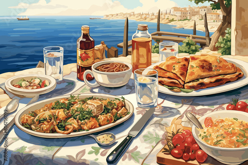 Traditional Greek Meal by the Aegean Sea, Generative AI