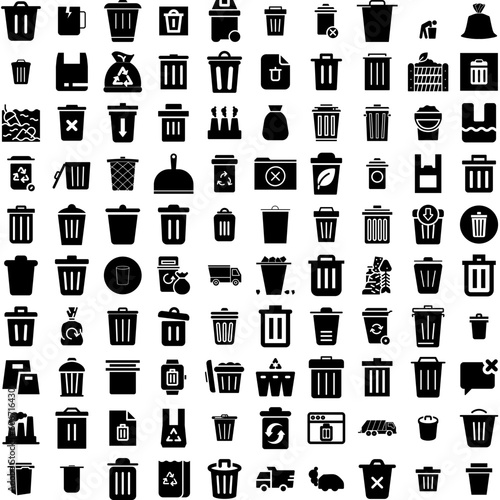 Collection Of 100 Garbage Icons Set Isolated Solid Silhouette Icons Including Garbage, Trash, Pollution, Ecology, Plastic, Rubbish, Waste Infographic Elements Vector Illustration Logo