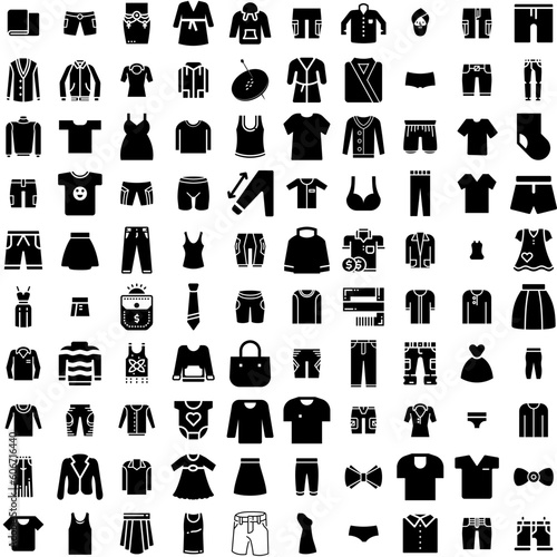Collection Of 100 Garment Icons Set Isolated Solid Silhouette Icons Including Fashion, Clothing, Clothes, Garment, Vector, Fabric, Textile Infographic Elements Vector Illustration Logo