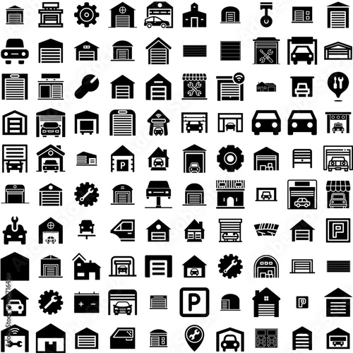 Collection Of 100 Garage Icons Set Isolated Solid Silhouette Icons Including Floor, Wall, Interior, Home, Room, Garage, Modern Infographic Elements Vector Illustration Logo