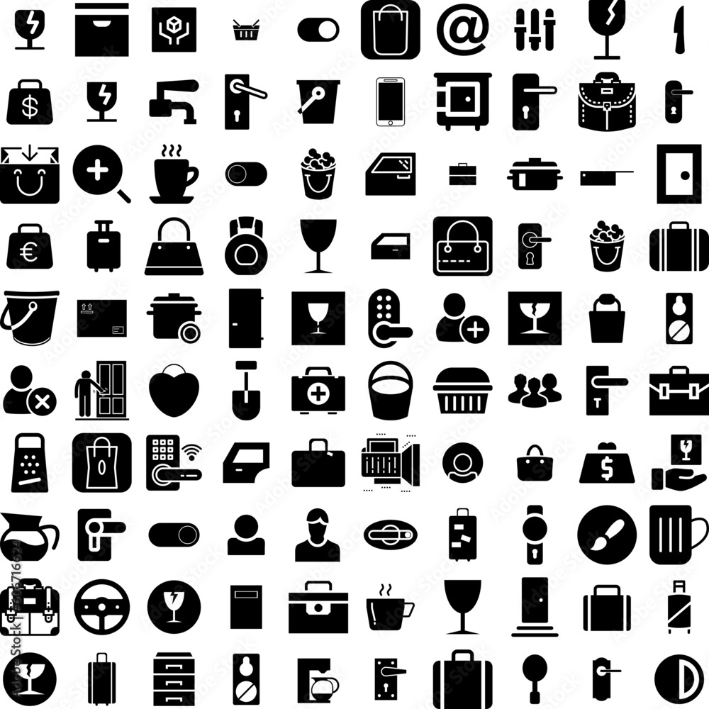 Collection Of 100 Handle Icons Set Isolated Solid Silhouette Icons Including Lock, Design, Handle, Door, Metal, Isolated, Vector Infographic Elements Vector Illustration Logo