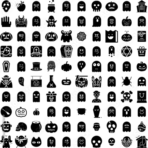 Collection Of 100 Halloween Icons Set Isolated Solid Silhouette Icons Including Pumpkin, Vector, Background, Holiday, Horror, Halloween, Spooky Infographic Elements Vector Illustration Logo