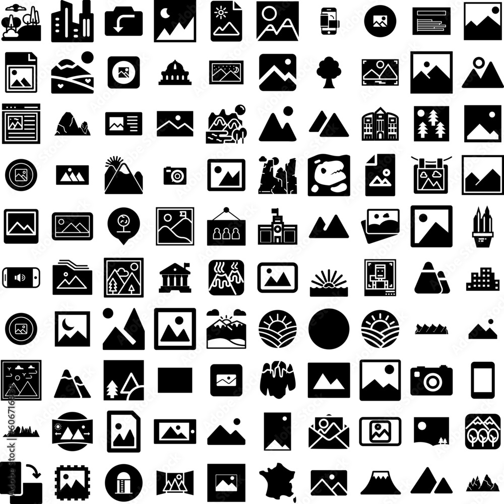 Collection Of 100 Landscape Icons Set Isolated Solid Silhouette Icons Including Sky, Mountain, Outdoor, Scenery, Nature, Background, Landscape Infographic Elements Vector Illustration Logo