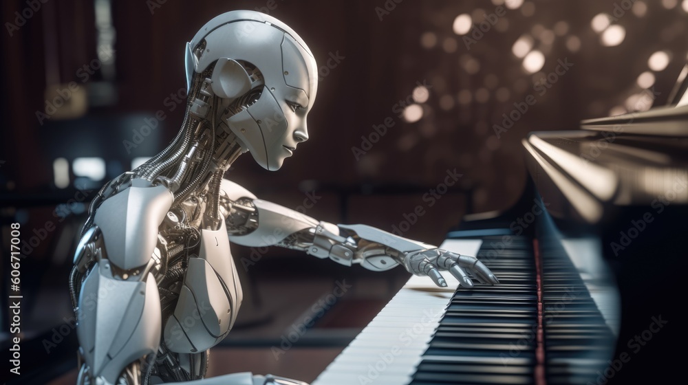 An android robot playing a musical instrument can compose a symphony, generative ai