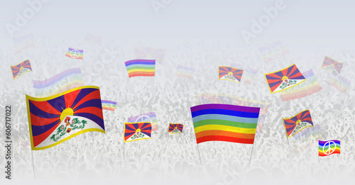 People waving Peace flags and flags of Tibet. Illustration of throng celebrating or protesting with flag of Tibet and the peace flag. photo