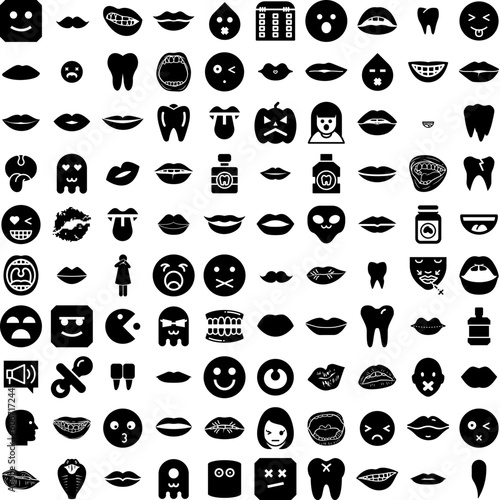 Collection Of 100 Mouth Icons Set Isolated Solid Silhouette Icons Including Mouth, Smile, Vector, Illustration, Cartoon, Design, Face Infographic Elements Vector Illustration Logo