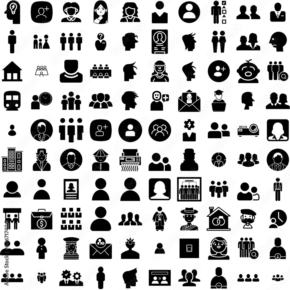 Collection Of 100 People Icons Set Isolated Solid Silhouette Icons Including Work, People, Team, Group, Person, Business, Female Infographic Elements Vector Illustration Logo