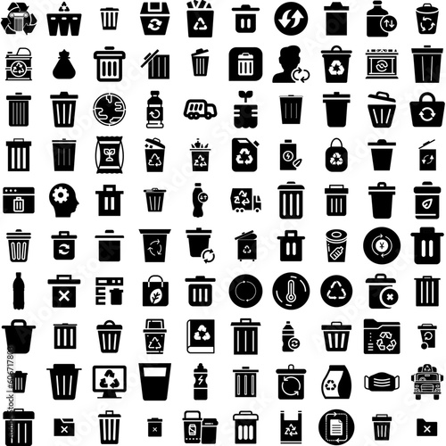 Collection Of 100 Recycle Icons Set Isolated Solid Silhouette Icons Including Recycle, Icon, Symbol, Ecology, Recycling, Reuse, Environment Infographic Elements Vector Illustration Logo