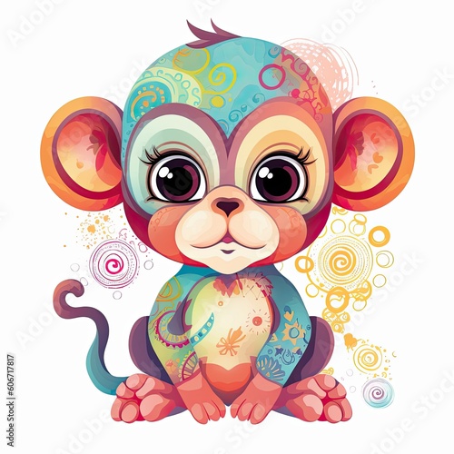 Playful monkey cub illustration. Monkey smiling on a white background. Cute baby monkey illustration with flowers. Monkey cub designs with cute eyes and colorful fur for coloring pages. Generative AI.