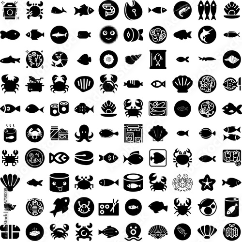 Collection Of 100 Seafood Icons Set Isolated Solid Silhouette Icons Including Seafood, Restaurant, Sea, Prawn, Food, Fish, Background Infographic Elements Vector Illustration Logo