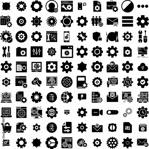 Collection Of 100 Setting Icons Set Isolated Solid Silhouette Icons Including Technology, Business, Icon, Symbol, Gear, Illustration, Vector Infographic Elements Vector Illustration Logo