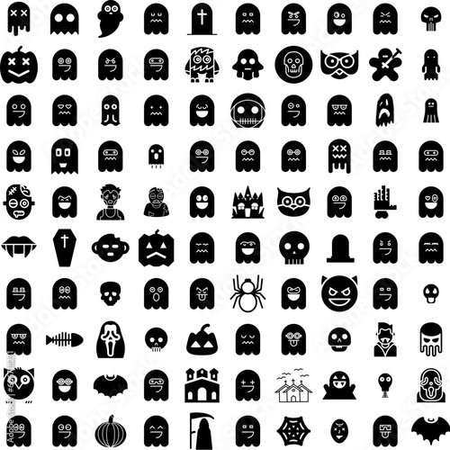 Collection Of 100 Spooky Icons Set Isolated Solid Silhouette Icons Including Horror, Scary, Night, Spooky, Background, Dark, Halloween Infographic Elements Vector Illustration Logo