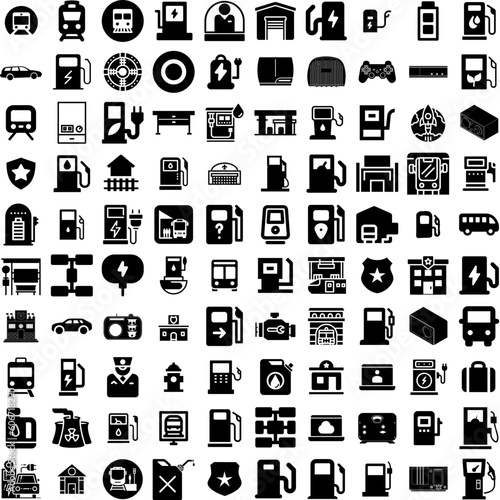 Collection Of 100 Station Icons Set Isolated Solid Silhouette Icons Including Transport, Energy, Service, Car, Station, Fuel, Automobile Infographic Elements Vector Illustration Logo