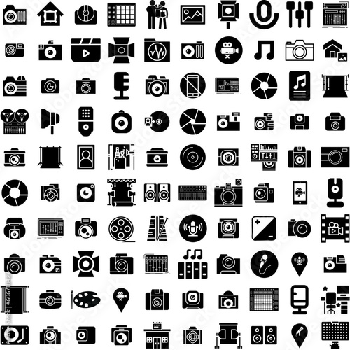 Collection Of 100 Studio Icons Set Isolated Solid Silhouette Icons Including Light, Empty, Wall, Backdrop, Room, Studio, Background Infographic Elements Vector Illustration Logo