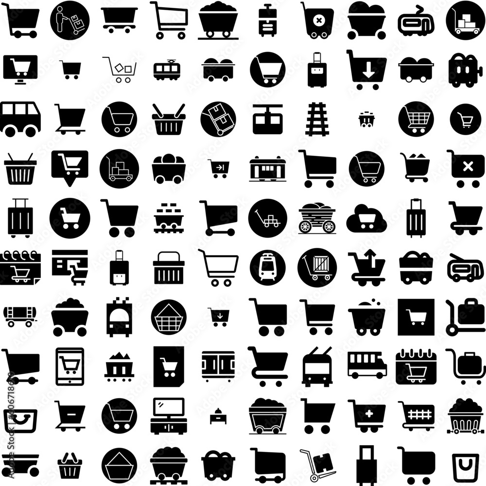 Collection Of 100 Trolley Icons Set Isolated Solid Silhouette Icons Including Buy, Store, Market, Retail, Purchase, Trolley, Sale Infographic Elements Vector Illustration Logo