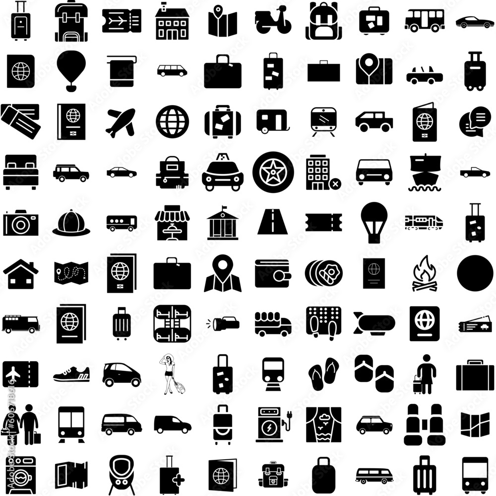 Collection Of 100 Traveling Icons Set Isolated Solid Silhouette Icons Including Trip, Tourism, Airplane, Travel, Vacation, Holiday, Journey Infographic Elements Vector Illustration Logo