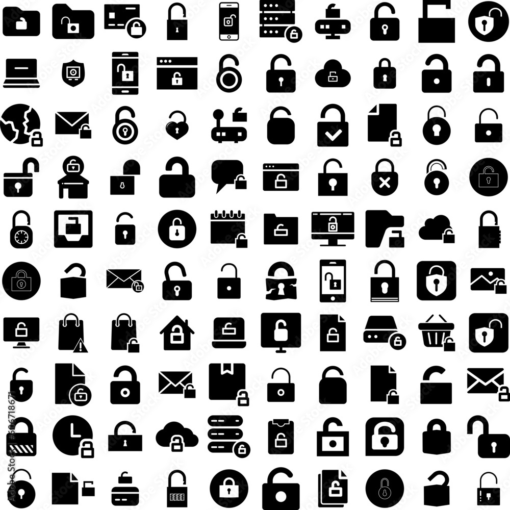 Collection Of 100 Unlocked Icons Set Isolated Solid Silhouette Icons Including Open, Unlock, Lock, Password, Icon, Vector, Safe Infographic Elements Vector Illustration Logo