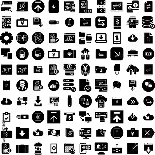 Collection Of 100 Transfer Icons Set Isolated Solid Silhouette Icons Including Money, Business, Mobile, Technology, Finance, Transfer, Digital Infographic Elements Vector Illustration Logo