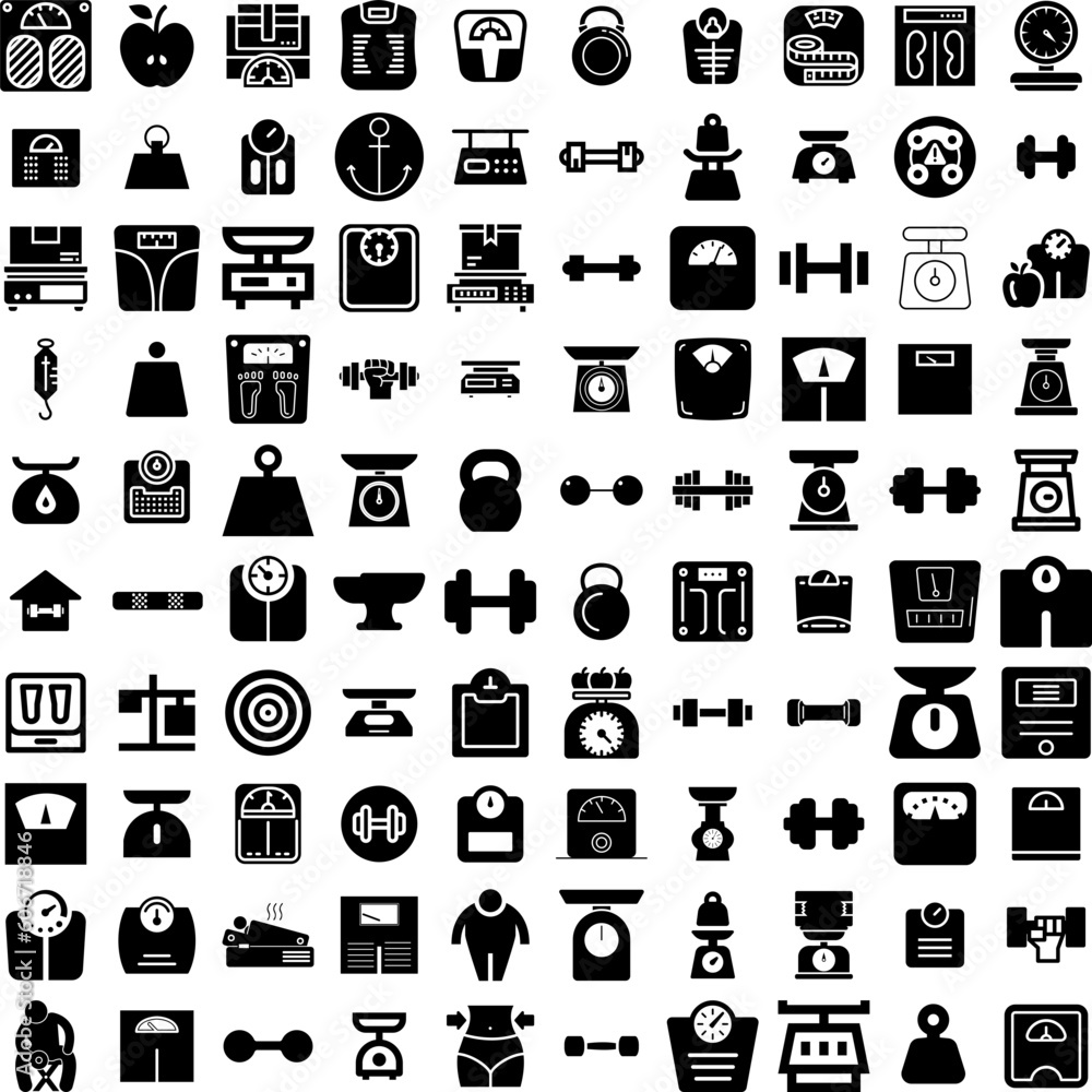 Collection Of 100 Weight Icons Set Isolated Solid Silhouette Icons Including Health, Fitness, Body, Diet, Loss, Weight, Fit Infographic Elements Vector Illustration Logo