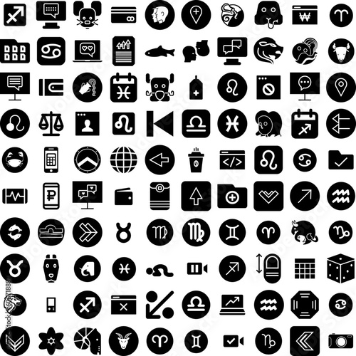 Collection Of 100 Zodiac Icons Set Isolated Solid Silhouette Icons Including Symbol, Sign, Astrology, Horoscope, Zodiac, Illustration, Vector Infographic Elements Vector Illustration Logo
