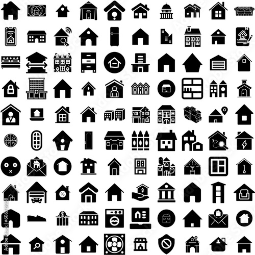 Collection Of 100 House Icons Set Isolated Solid Silhouette Icons Including Property, Home, Residential, Architecture, House, Estate, Building Infographic Elements Vector Illustration Logo