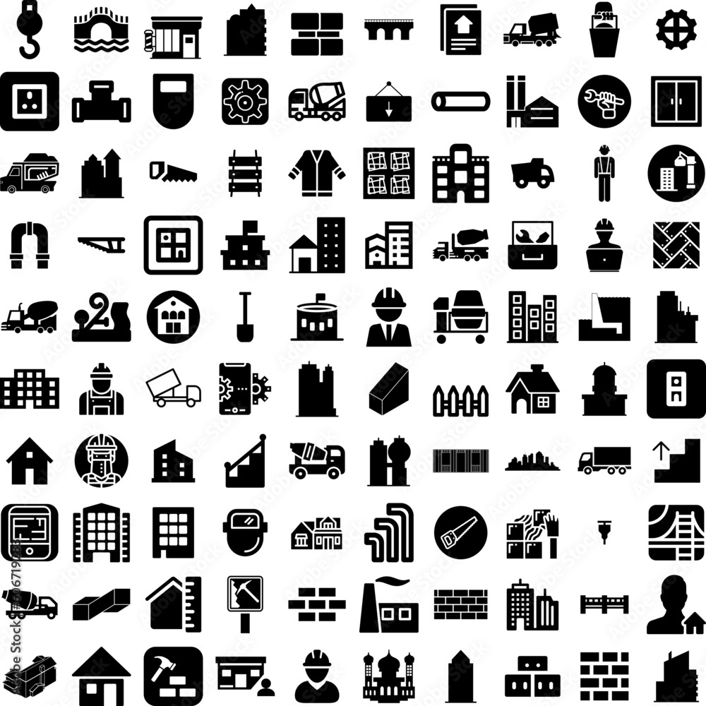 Collection Of 100 Construction Icons Set Isolated Solid Silhouette Icons Including Building, Industry, Worker, Business, Construction, Engineer, Project Infographic Elements Vector Illustration Logo