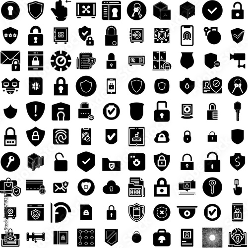 Collection Of 100 Security Icons Set Isolated Solid Silhouette Icons Including Secure, Computer, Security, Technology, Internet, Protection, Privacy Infographic Elements Vector Illustration Logo