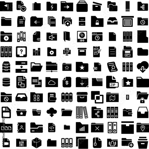 Collection Of 100 Archive Icons Set Isolated Solid Silhouette Icons Including Storage, Office, Document, Data, Business, File, Archive Infographic Elements Vector Illustration Logo