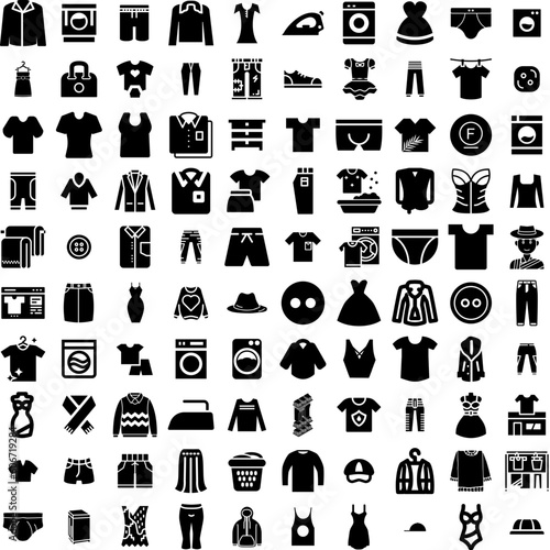 Collection Of 100 Clothes Icons Set Isolated Solid Silhouette Icons Including Cloth, Fabric, Background, Clothing, Style, Fashion, Clothes Infographic Elements Vector Illustration Logo