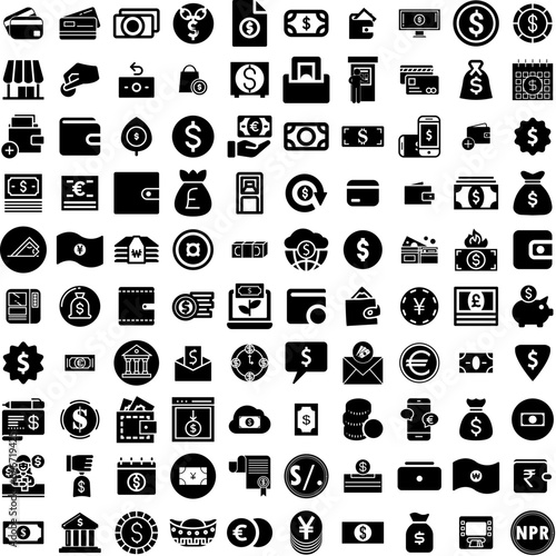 Collection Of 100 Money Icons Set Isolated Solid Silhouette Icons Including Business, Dollar, Cash, Money, Currency, Payment, Finance Infographic Elements Vector Illustration Logo