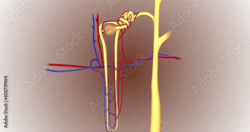 Tableau sur toile The function of the nephron is to convert blood to urine and consists of the tubular system and the renal corpuscle