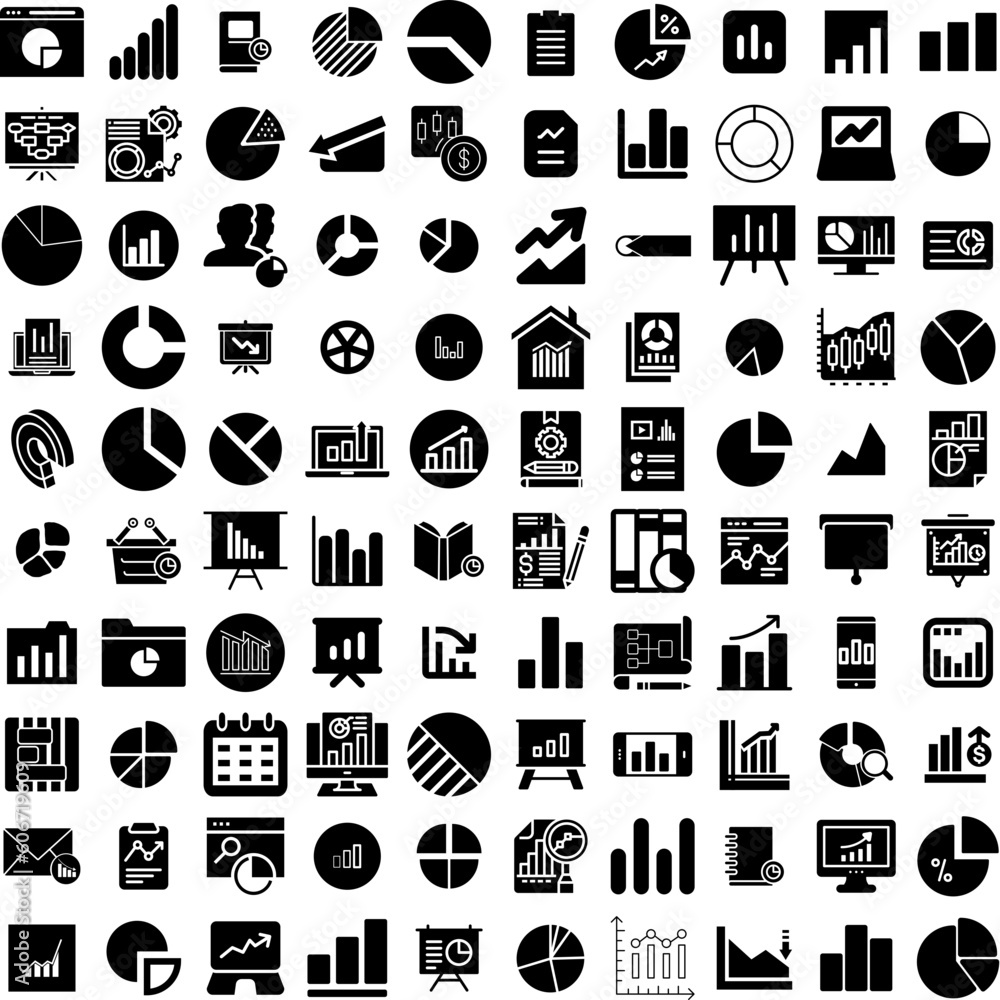 Collection Of 100 Chart Icons Set Isolated Solid Silhouette Icons Including Business, Design, Diagram, Vector, Graph, Data, Chart Infographic Elements Vector Illustration Logo