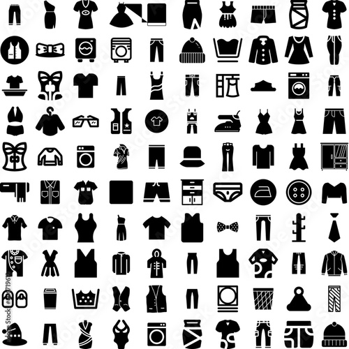 Collection Of 100 Clothes Icons Set Isolated Solid Silhouette Icons Including Background, Clothes, Cloth, Clothing, Style, Fabric, Fashion Infographic Elements Vector Illustration Logo