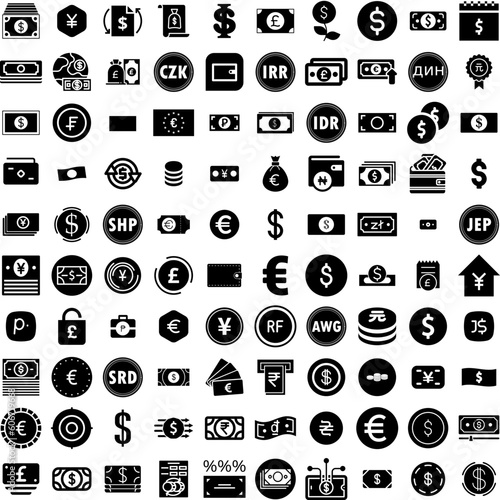 Collection Of 100 Currency Icons Set Isolated Solid Silhouette Icons Including Currency, Business, Payment, Money, Exchange, Cash, Finance Infographic Elements Vector Illustration Logo