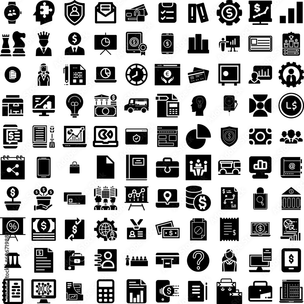 Collection Of 100 Business Icons Set Isolated Solid Silhouette Icons Including Teamwork, Business, Technology, Communication, Success, Corporate, Office Infographic Elements Vector Illustration Logo