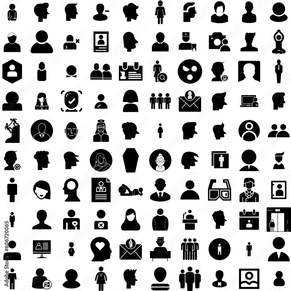Collection Of 100 Person Icons Set Isolated Solid Silhouette Icons Including Person, Work, Group, People, Female, Team, Business Infographic Elements Vector Illustration Logo