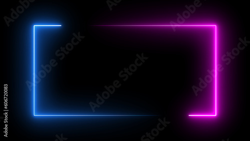Square rectangle picture frame with two tone neon color motion graphic on isolated black background. Blue and pink light moving for overlay element. 3D illustration rendering. Empty copy space middle