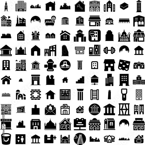 Collection Of 100 Building Icons Set Isolated Solid Silhouette Icons Including Building, Business, Architecture, City, Construction, Urban, Office Infographic Elements Vector Illustration Logo