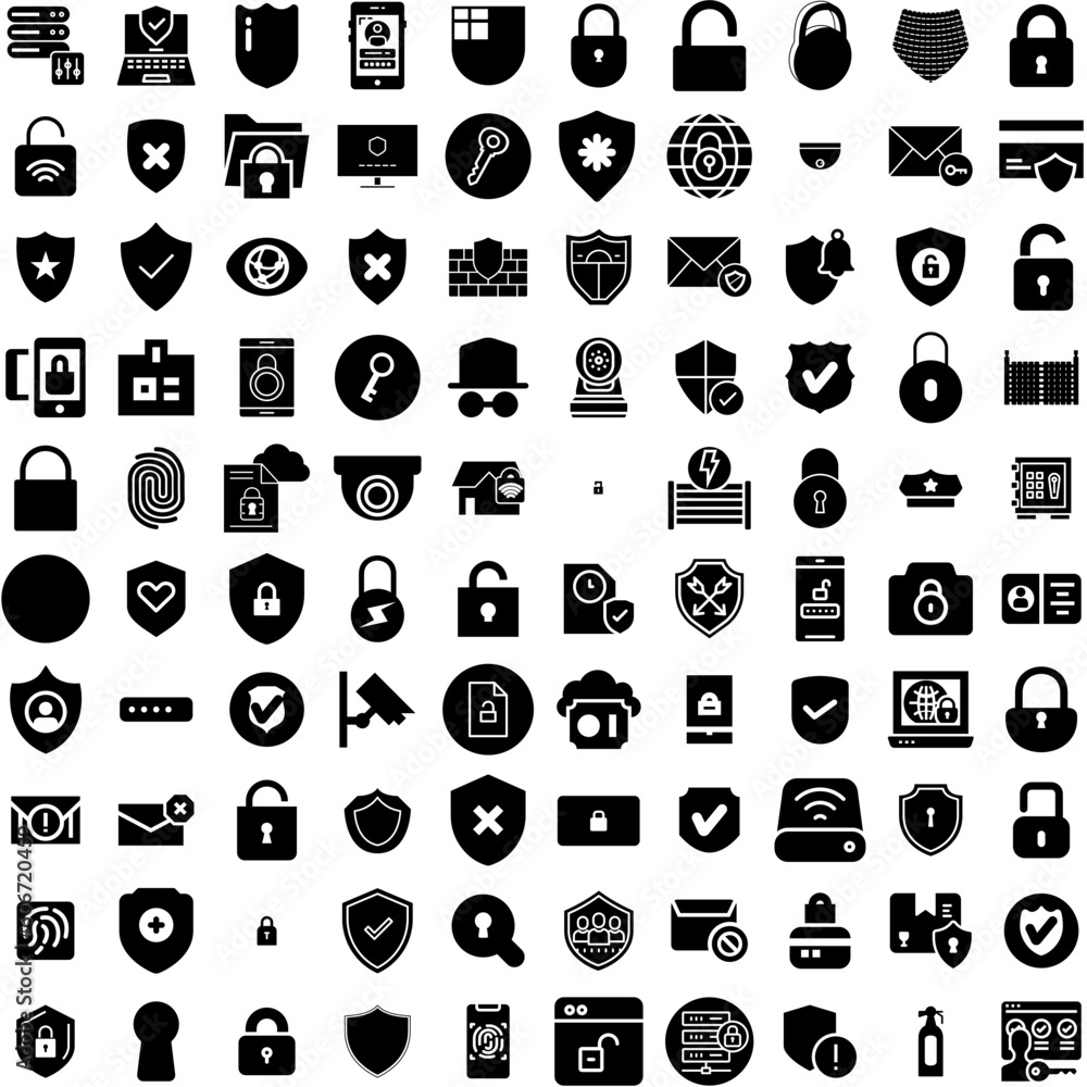 Collection Of 100 Security Icons Set Isolated Solid Silhouette Icons Including Secure, Technology, Internet, Security, Protection, Privacy, Computer Infographic Elements Vector Illustration Logo