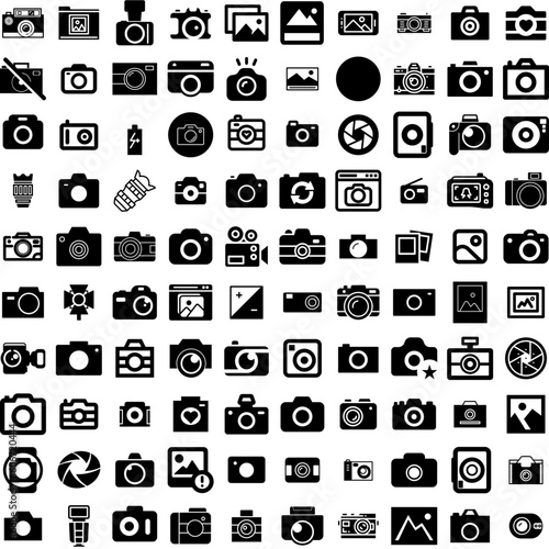 Collection Of 100 Photography Icons Set Isolated Solid Silhouette Icons Including Technology, Camera, Photography, Photo, Equipment, Photographer, Lens Infographic Elements Vector Illustration Logo