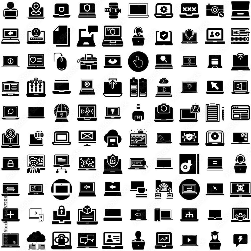 Collection Of 100 Laptop Icons Set Isolated Solid Silhouette Icons Including Digital, Screen, Notebook, Isolated, Laptop, Computer, Technology Infographic Elements Vector Illustration Logo