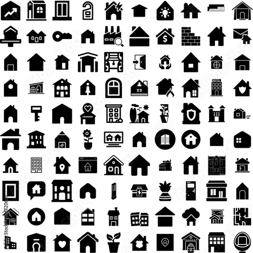 Collection Of 100 House Icons Set Isolated Solid Silhouette Icons Including Architecture, Building, Home, House, Residential, Estate, Property Infographic Elements Vector Illustration Logo