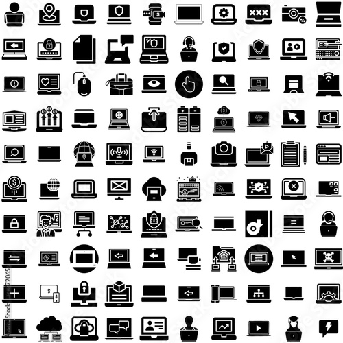 Collection Of 100 Laptop Icons Set Isolated Solid Silhouette Icons Including Digital, Screen, Notebook, Isolated, Laptop, Computer, Technology Infographic Elements Vector Illustration Logo