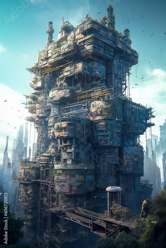 Futuristic giant tower structure, urban or industrial. Created with Generative AI technology.