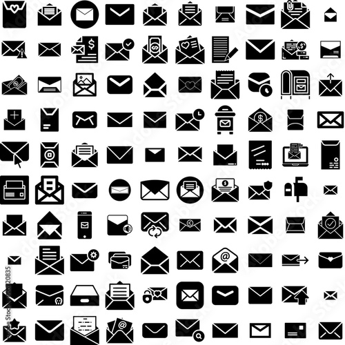 Collection Of 100 Envelope Icons Set Isolated Solid Silhouette Icons Including Blank, Vector, Isolated, Message, Paper, Letter, Envelope Infographic Elements Vector Illustration Logo