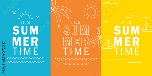 set minimalist simple summer time vertical design vector background. simple sun, beach, ship and wave outline design theme
