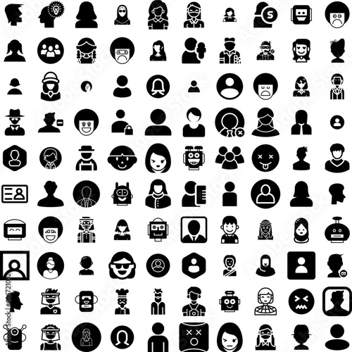 Collection Of 100 Avatar Icons Set Isolated Solid Silhouette Icons Including Human, People, Avatar, Face, Person, Man, Male Infographic Elements Vector Illustration Logo