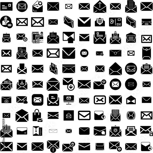 Collection Of 100 Envelope Icons Set Isolated Solid Silhouette Icons Including Paper, Blank, Isolated, Letter, Envelope, Message, Vector Infographic Elements Vector Illustration Logo