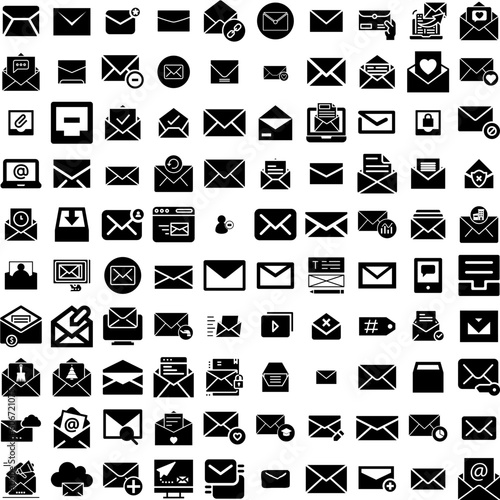 Collection Of 100 Email Icons Set Isolated Solid Silhouette Icons Including Mail, Communication, Internet, Email, Message, Vector, Web Infographic Elements Vector Illustration Logo